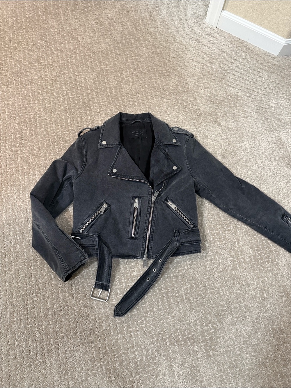 All Saints Women's Washed Black Denim Moto Jacket with Belt